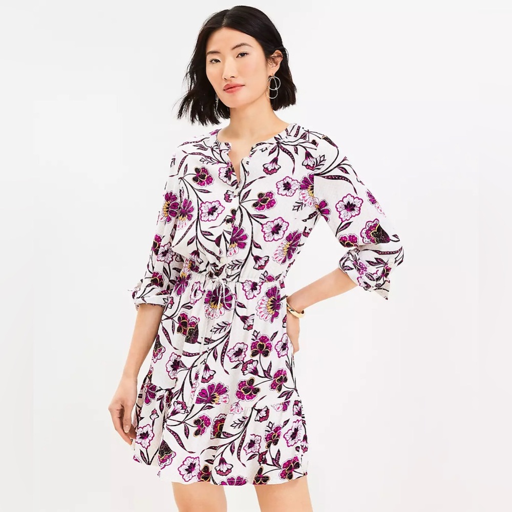 Loft Purple and Cream Floral Botanical Tab Sleeve Flounce Hem Dress